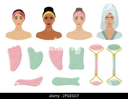 Set of different gua sha stones and rollers are made of rose quartz and green aventurine.  Facial massage lines on female faces. Home beauty skin care Stock Vector