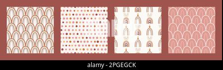 Set of seamless patterns with boho rainbows in terracotta colors. Neutral nursery art design for decoration, bohemian printing for fabric and wall art Stock Vector