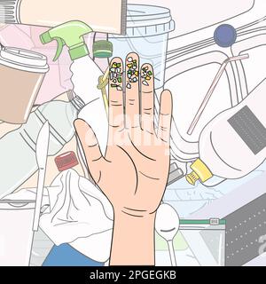 Micro beads on fingers. Microplastics from mismanaged plastic waste. Marine and ocean plastic pollution. Global environmental problems. Hand drawn vec Stock Vector