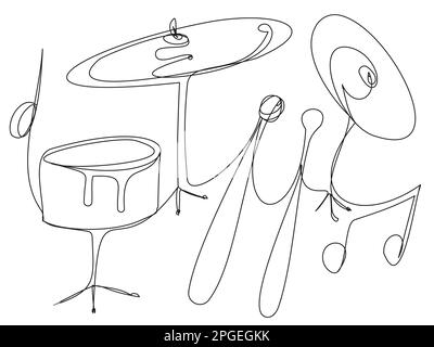 Drum set with drumsticks one line on a white background.  Stock Vector