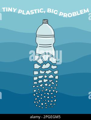 The plastic bottle breaks up into small pieces. Microplastics in water from mismanaged plastic waste. Marine and ocean plastic pollution. Global envir Stock Vector