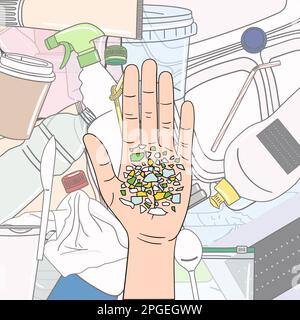 Micro beads on the palm. Microplastics from mismanaged plastic waste. Marine and ocean plastic pollution. Global environmental problems. Hand drawn ve Stock Vector