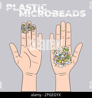 Micro beads on the palm. Microplastics from mismanaged plastic waste. Marine and ocean plastic pollution. Global environmental problems. Hand drawn ve Stock Vector