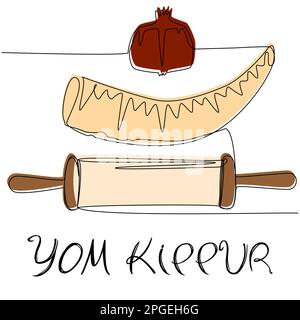 Pomegranate, animal horn, and manuscript in one line with the color silhouette.  Stock Vector