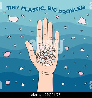 Micro beads on the palm. Microplastics in water from mismanaged plastic waste. Marine and ocean plastic pollution. Environmental problems. Hand drawn Stock Vector