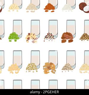 Seamless pattern of glasses with plant-based milk. Vegan milk in glass. Almond, soy, rice, coconut, cashew, oat, flax, walnut, hemp, pea milk. Milk al Stock Vector