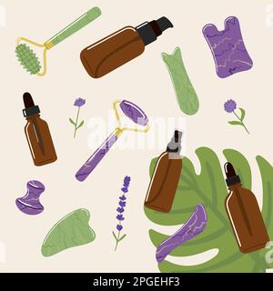 Beauty skin care concept of oil bottles, flowers, monster leaf, gua sha stones and rollers are made of green jade and purple amethyst. Top view. Hand Stock Vector