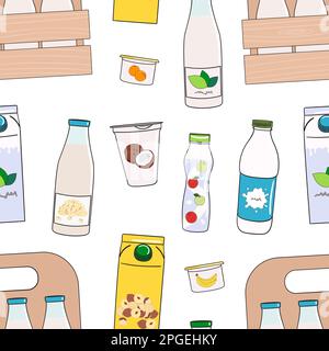 Seamless pattern of milk, dairy products and vegan milk alternatives. Milk bottle and carton box, yogurt. Hand drawn vector illustration. Stock Vector