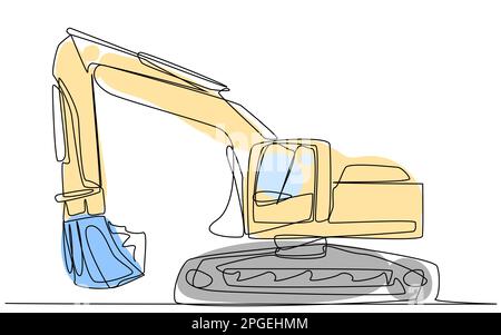 One line excavator with a blue and yellow silhouette on a white background.  Stock Vector