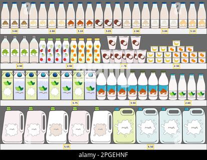 Set of milk products, dairy and vegan milk alternatives on shelves in supermarket. Milk bottle, carton box, yogurt. Milk purchase. Hand drawn vector i Stock Vector