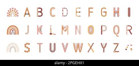 Boho alphabet letter set on white background. Bohemian rainbows for wall decor, cards, posters, prints. Hand drawn vector illustration. Stock Vector