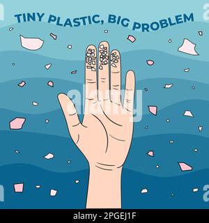 Micro beads on fingers. Microplastics in water from mismanaged plastic waste. Marine and ocean plastic pollution. Environmental problems. Hand drawn v Stock Vector
