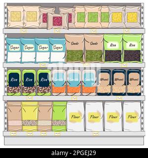 Set of packs of cereals on shelves in supermarket. Cereal food at store showcase, oat, rice, bean and peas in packet at market. Hand drawn vector illu Stock Vector