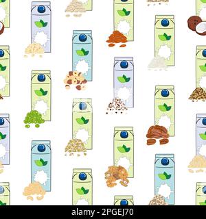 Seamless pattern of carton boxes with plant-based milk. Vegan milk. Almond, soy, rice, coconut, cashew, oat, flax, walnut, hemp, pea milk. Milk altern Stock Vector