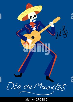 A full-length skeleton playing a guitar in a sambrero on a blue background. Stock Vector