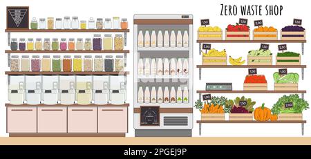 Local marker, grocery store, zero waste shop. Dispenser for bulk products without packaging. Refundable milk bottles. No plastic. Hand drawn vector il Stock Vector