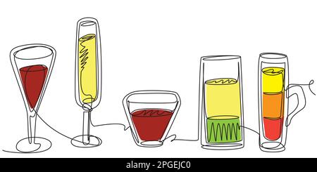 Alcoholic drinks in one line of different colors on a white background.  Stock Vector