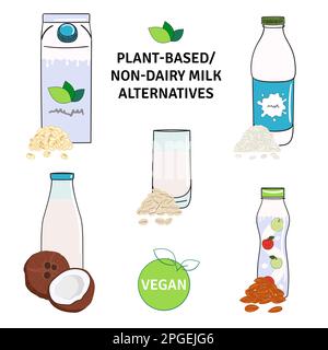 Set of plant-based, non-dairy milk alternatives. Milk bottle and carton box, yogurt. Almond, soy, rice, coconut, oat milk. Hand drawn vector illustrat Stock Vector