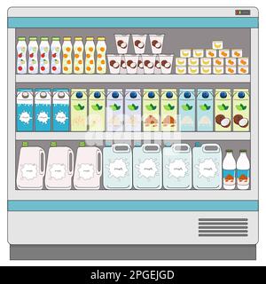 Showcase fridge for cooling milk products. Dairy and vegan milk alternatives on fridge shelves in supermarket. Milk bottles, carton boxes, yogurt. Mil Stock Vector