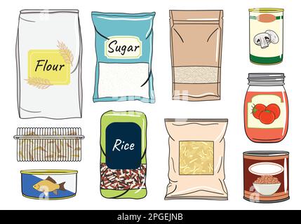 Set of packs of cereals for kitchen storage. Hand drawn vector illustration. Isolated on white background. Stock Vector