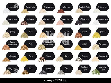 Set of stickers and labels of grains and seeds. Wheat, barley, corn, couscous, sushi, jasmine, rice, oats, chia, flax, sesame, mustard, pumpkin and su Stock Vector
