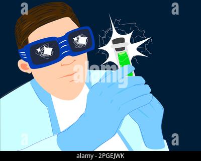 Scientist in glasses with a glowing green flask on a dark background. The concept of an inventor producing a vaccine and new drugs. Stock vector illus Stock Vector