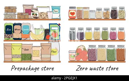 Set of pre packaging and zero waste container for nuts, seeds, beans on shelf. Change shopping to no plastic. Elements of kitchen storage. Hand drawn Stock Vector