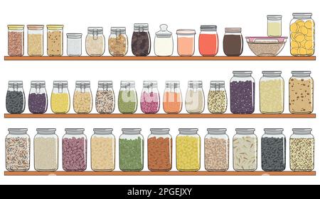 Set of different types of jars with grains, nuts, seeds beans on shelf. Elements of kitchen storage. Zero waste, no plastic concept. Hand drawn vector Stock Vector