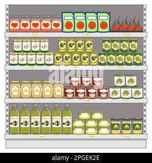 Set of canned food on shelves in supermarket. Preserved food in cans, glass jars, metal containers. Hand drawn vector illustration. Isolated on white Stock Vector
