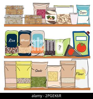 Set of packs of cereals, grains, nuts on shelf for kitchen storage. Hand drawn vector illustration. Isolated on white background. Stock Vector