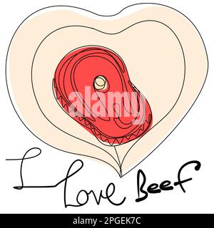 A piece of meat lying on a plate in the shape of a heart. I love beef. Stock Vector