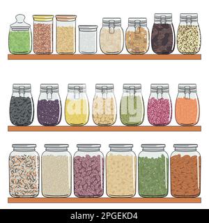 Set of different types of jars with grains, nuts, seeds beans on shelf. Elements of kitchen storage. Zero waste, no plastic concept. Hand drawn vector Stock Vector