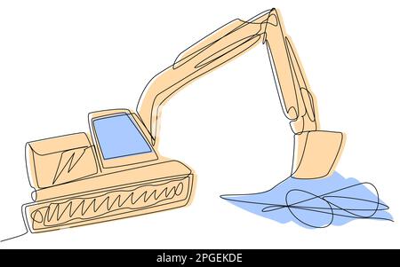 One line excavator with a blue and yellow silhouette on a white background.  Stock Vector