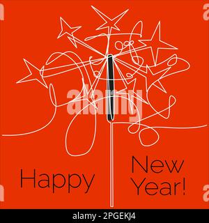 New Year card with one line sparkler on red background Stock Vector