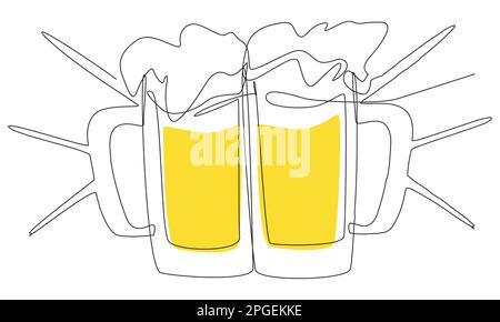 Two clinking glasses with beer in one line on a white background.  Stock Vector