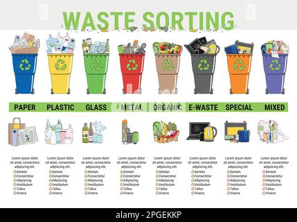 Waste infographic. Sorting garbage, segregation and recycling infographics. Recycle trash bins and different types of rubbish. Garbage pollution. Wast Stock Vector