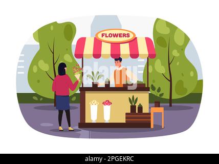 Woman buying flowers in street retail kiosk. Vector of retail street illustration, shop flower, seller for store kiosk Stock Vector