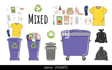 Set of garbage cans with mixed garbage. Trash bins full of rubbish. Waste management. Sorting garbage falls into bins. Non recyclable garbage. Hand dr Stock Vector