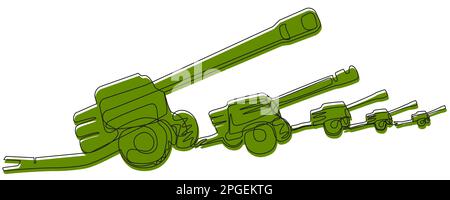 Green howitzers in one line on a white background. Stock Vector