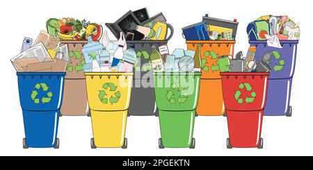 Set of garbage cans with sorted garbage. Recycle trash bins. Waste management. Sorting garbage. Organic, metal, plastic, paper, glass falls into bins. Stock Vector