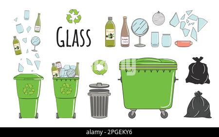 Set of garbage cans with glass garbage. Recycle trash bins full of trash. Waste management. Sorting garbage falls into bins. Utilization concept. Hand Stock Vector