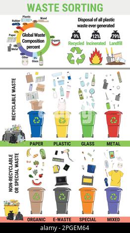 Waste infographic. Sorting garbage, segregation and recycling infographics. Recycle trash bins and different types of rubbish. Garbage pollution. Wast Stock Vector