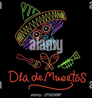 Linear multi-colored Skull in a sombrero with a guitar, maracas, and a pipe. Stock Vector