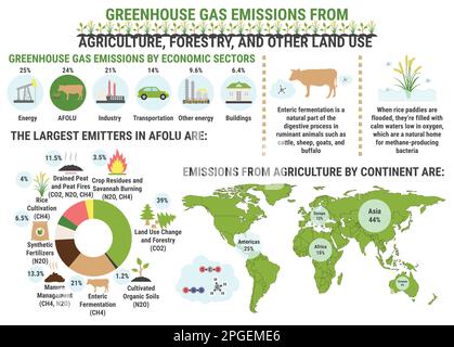 Infographic of global greenhouse gas emissions by agriculture, forestry and other land use sector. Methane. Ecological environment pollution. Global w Stock Vector