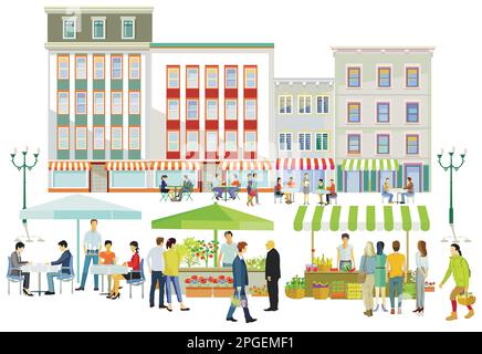 City silhouette with groups of people in leisure time in residential area, restaurants and bistros, illustration Stock Vector