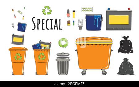 Set of garbage cans with special garbage. Recycle trash bins full of trash. Waste management. Sorting garbage falls into bins. Utilization concept. Ha Stock Vector