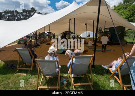 People sitting on deckchairs watching the dog yoga class, while their cockapoo looks the other way at Goodwoof dog event at The Kennels, Goodwood, UK Stock Photo