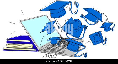 Flying student hats from a laptop in one line with colored silhouettes on a white background. Stock Vector
