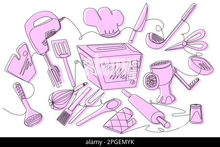 Kitchen appliances in single line with a pink silhouette on a white isolate. Stock Vector