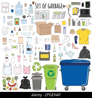 Set of sorted garbage. Recycle trash bins. Waste management. Sorting garbage. Organic, metal, plastic, paper, glass, e-waste, special, mixed trash. Ha Stock Vector